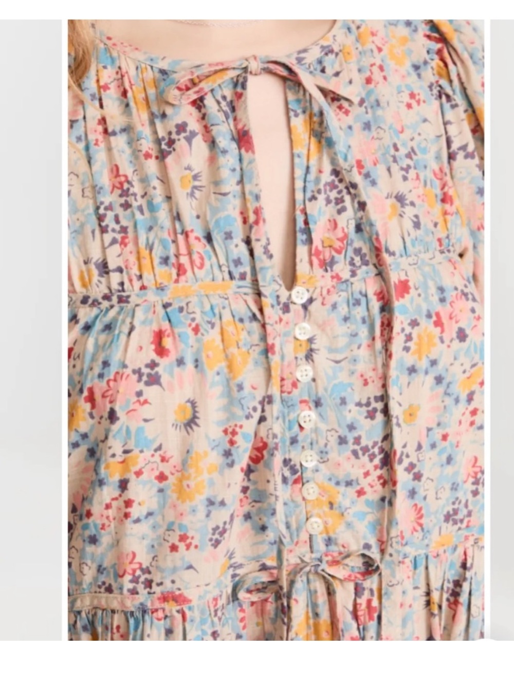 THE GREAT. Pastel Floral Midi Dress in Cream with Pink and Blue Motif - Picture 2 of 4